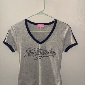 Edikted Gray V-Neck T-Shirt with Navy Trim